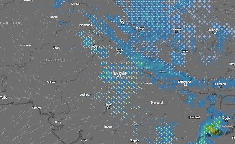 A weather map showing incoming rain in Delhi-NCR. (Photo: Windy)