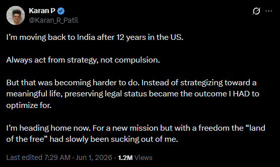 Indian man leaves US after 12 years, shares thought process behind his decision