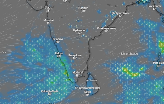 A weather image showing peninsular India, including Kerala facing rainy conditions. (Photo: Windy)