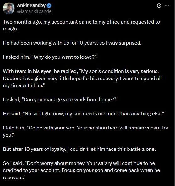 Employee plans to resign to take care of ailing son, boss's reply leaves him teary-eyed