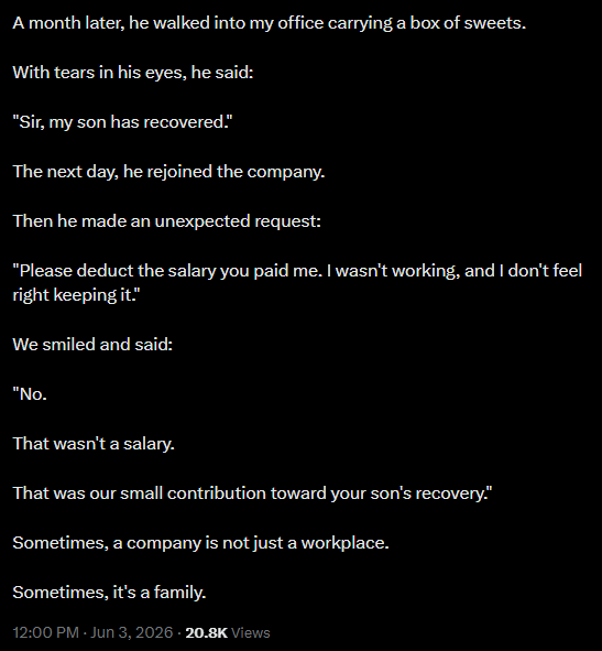 Employee plans to resign to take care of ailing son, boss's reply leaves him teary-eyed