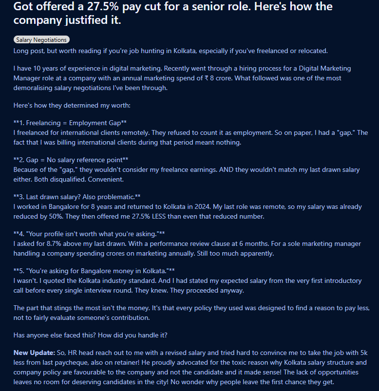 Man gets 27.5% pay cut in job offer, shares 5 reasons how company justified it