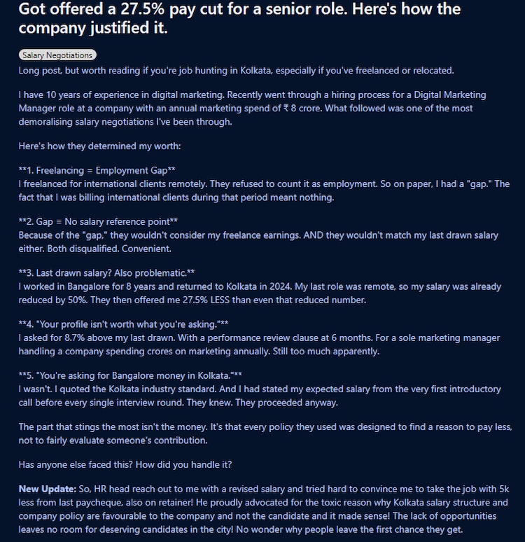Man gets 27.5% pay cut in job offer, shares 5 reasons how company justified it