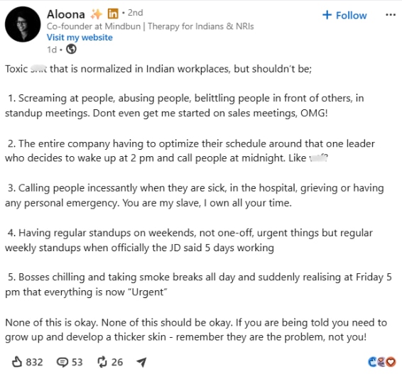 Bengaluru founder shares 5 toxic behaviours normalised at Indian workplaces