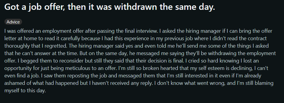 Employee shares how one 'normal' request got his job offer rescinded the same day