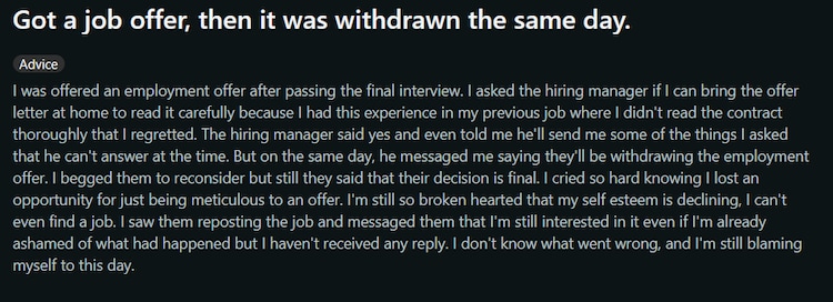 Employee shares how one 'normal' request got his job offer rescinded the same day