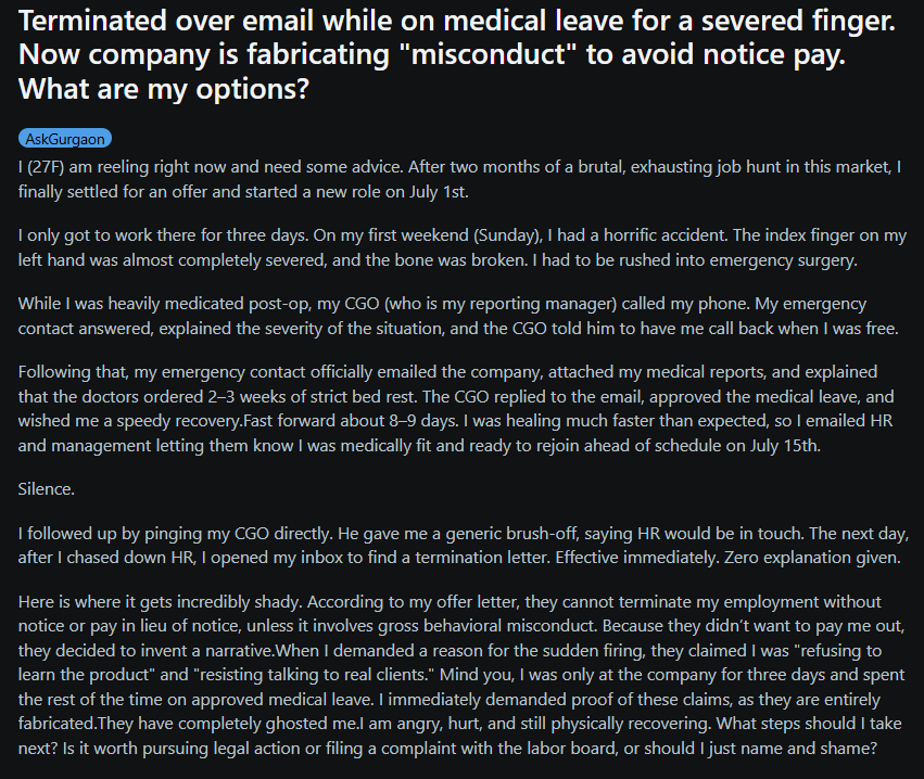 Gurugram woman fired over email during medical leave, Reddit has one piece of advice
