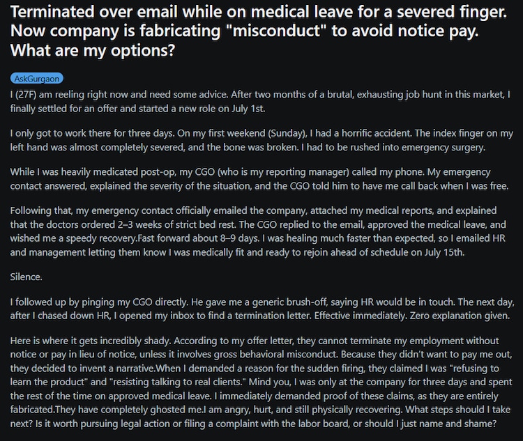 Gurugram woman fired over email during medical leave, Reddit has one piece of advice