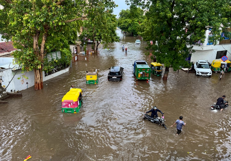 A waterlogged area is seen after heavy rainfall in Gujarat. (Photo: PTI)
