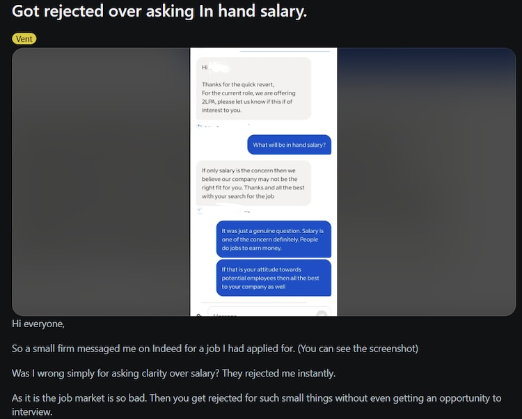 Candidate asks about in-hand salary, then loses job opportunity before interview