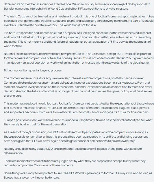 UEFA's full statement regarding the boycott against FIFA and their respective events. (Image: Screengrab from UEFA.com)