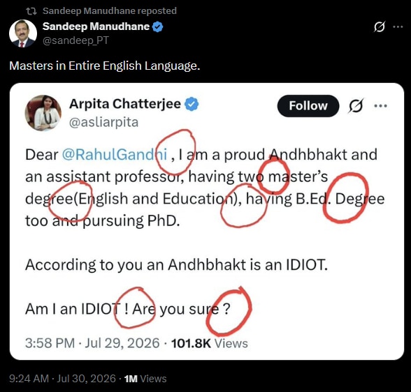 Woman with master's in English criticises Rahul Gandhi, gets grammar lesson instead