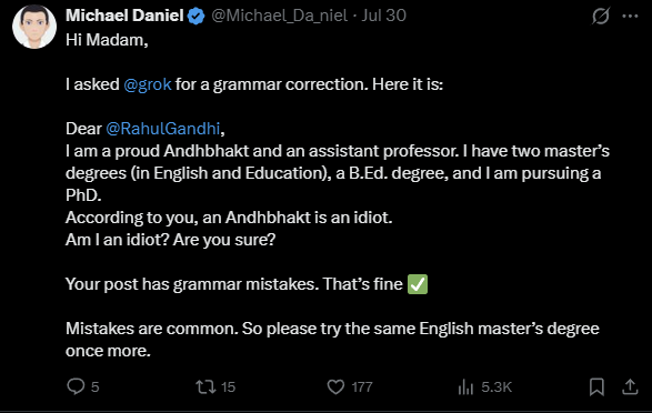Woman with master's in English criticises Rahul Gandhi, gets grammar lesson instead