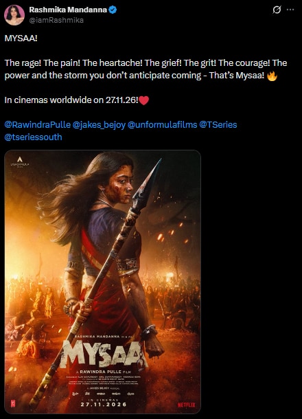 Rashmika Mandanna's X post announcing the release date of her upcoming film 'Mysaa'