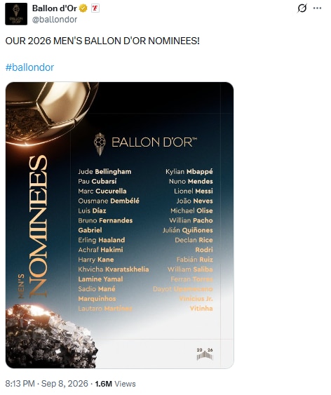 30 players have been nominated for the Ballon d'Or. (Image: Screengrab from X/@ballondor)