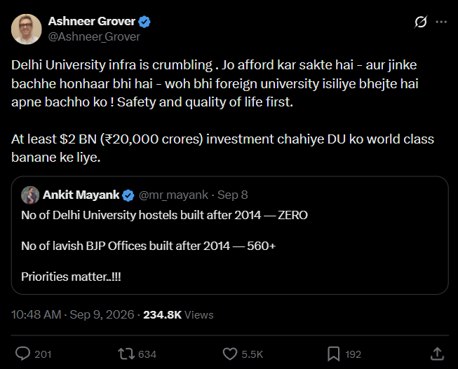 Need Rs 20,000 crore: Ashneer Grover reacts to X user's post on DU hostel crisis