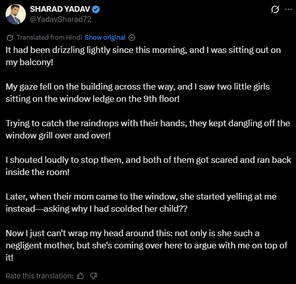 Man warns kids sitting on window ledge of 9th-floor flat, their mother confronts him