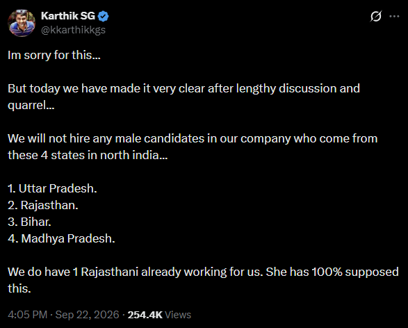 Bengaluru CEO bans male hires from UP, Rajasthan, Bihar, Madhya Pradesh in X post