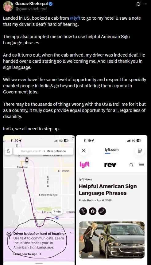 Indian founder books cab in US, gets sign language guide for specially-abled driver