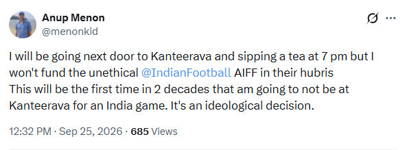 Fans are not happy with the ticket prices for the India vs Panama friendly. (Image: Screengrab from X/@menonkid)