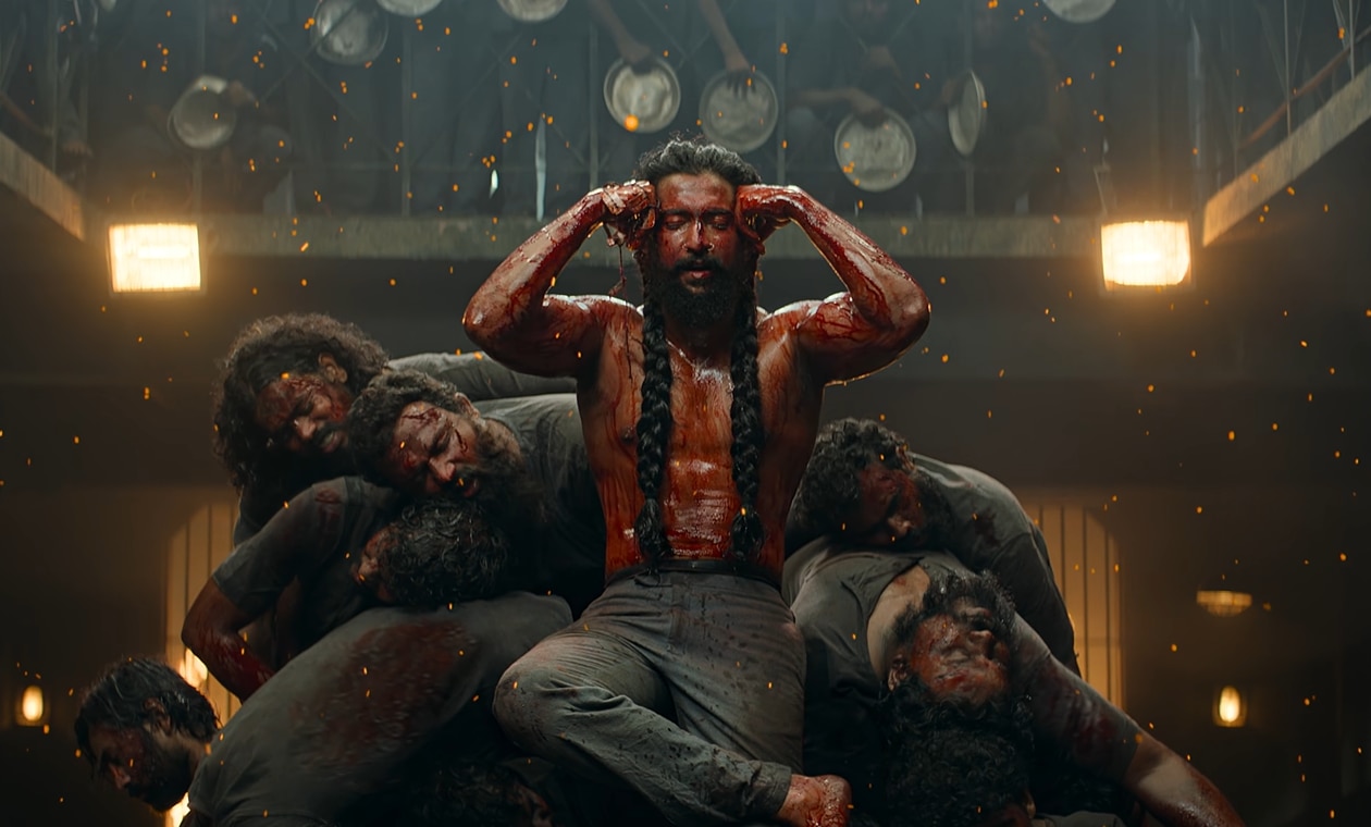A still from the teaser of The Paradise with a blood-soaked Jadal played by Nani sitting on a pile of bodies(Photo: Youtube/Saregama Telugu)