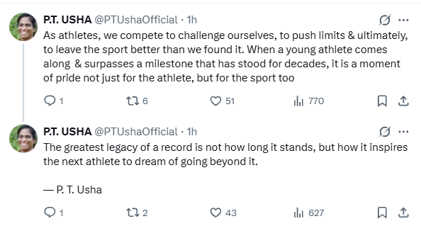 PT Usha admits its always inspiring the next generation of athletes that is more important than their own results. (Image: Screengrab from X/@PTUshaOfficial)