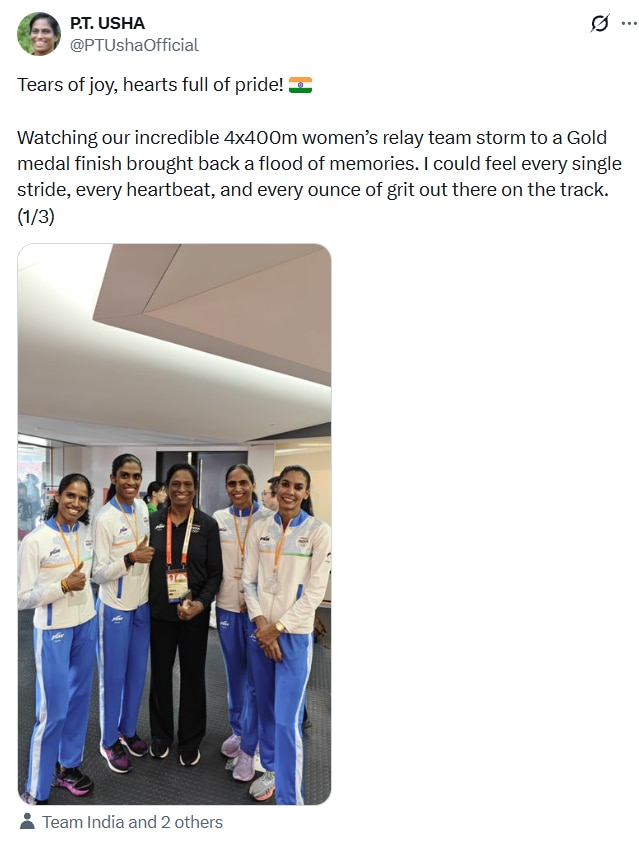 PT Usha with the Indian women's 4x400m relay team that won gold. (Image: X/@PTUshaOfficial)