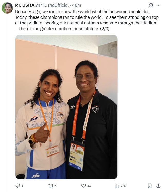 PT Usha (R) with Vithya Ramraj (L) at the Asian Games 2026. (Image: X/@PTUshaOfficial)