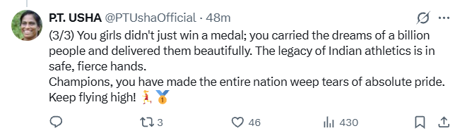 PT Usha was filled with pride after seeing India's women's relay team win gold at the Asian Games 2026. (Image: X/@PTUshaOfficial)