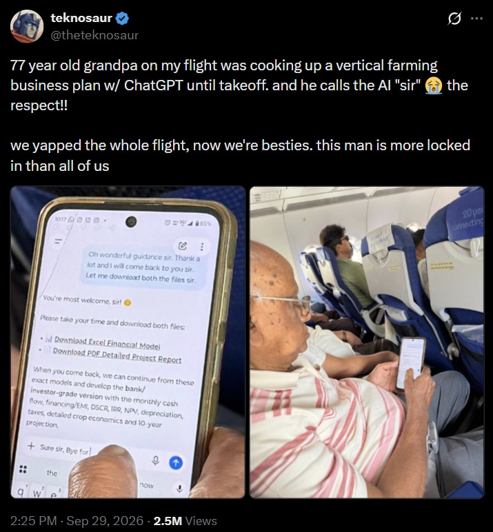 Man finds bestie in 77-year-old flight co-passenger who called ChatGPT 'sir'