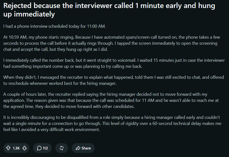 Candidate shares how a 60-second difference ended their job interview before it began