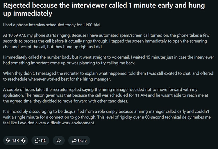 Candidate shares how a 60-second difference ended their job interview before it began