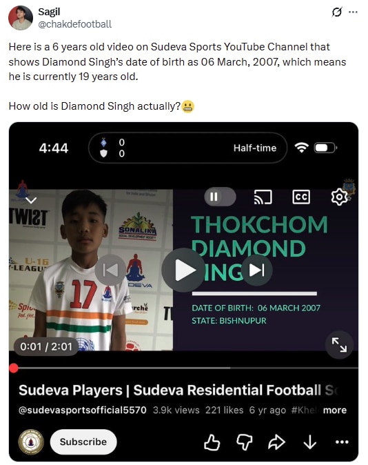 An old video has emerged which suggests Diamond Singh could be 19-years-old. (Image: X/@chakdefootball)