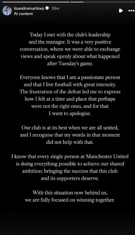 Lisandro Martinez's statement. (Image: Screengrab from Instagram/@lisandromartinez)