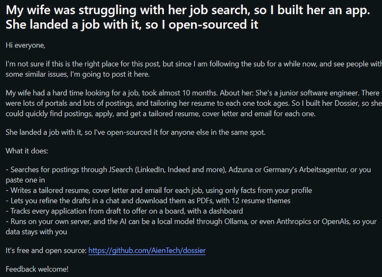 Techie builds AI application tool for wife struggling to find work, she lands a job
