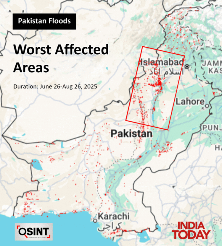 Red colour represents waters classified as floods in satellite data captured by the Sentinel-1 satellite of the European Space Agency (ESA