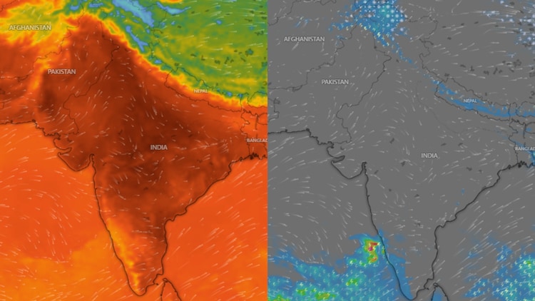 Weather maps showing the hot temperatures across India and monsoon systems approaching from southwest. (Photo: Windy)