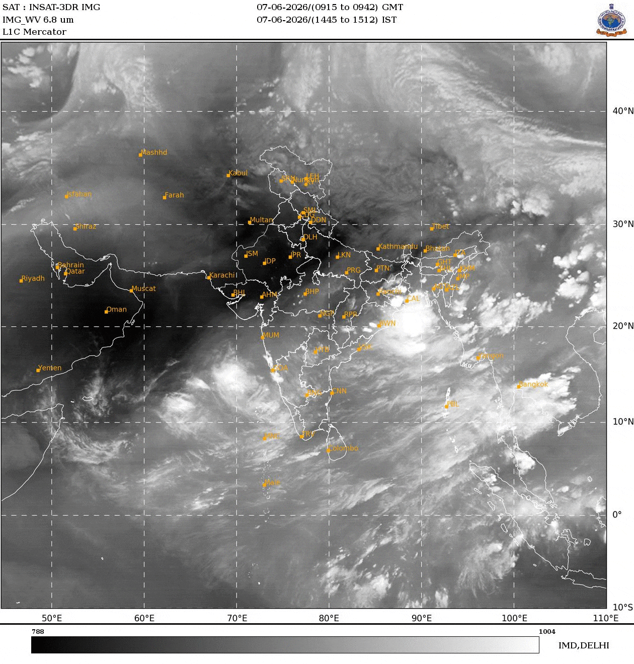 Where winds from the two seas collide over central India, moist air is forced upward to form rain clouds. (GIF: IMD)