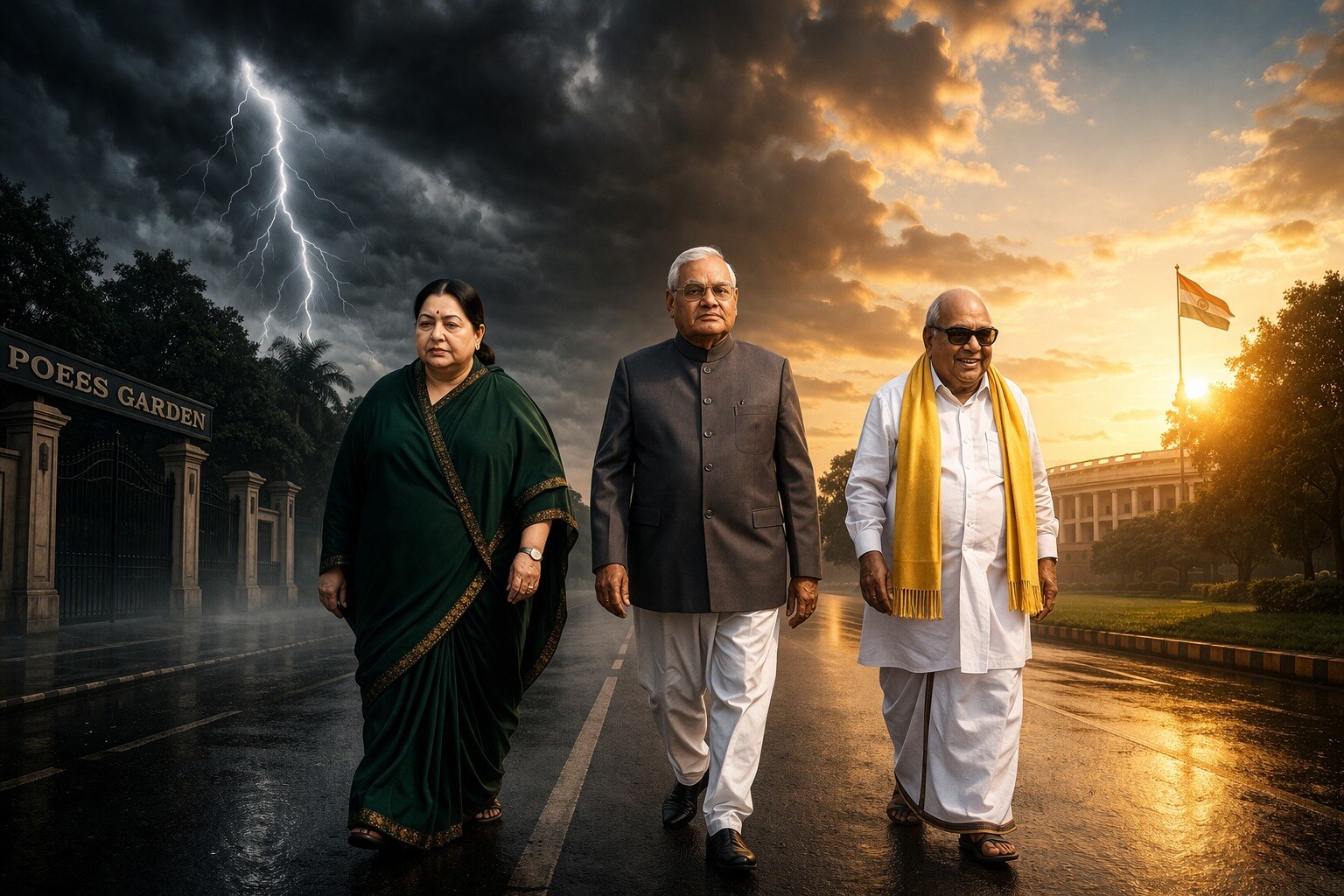 Jayalalithaa, Vajpayee and Karunanidhi during a phase of shifting alliances (AI image)