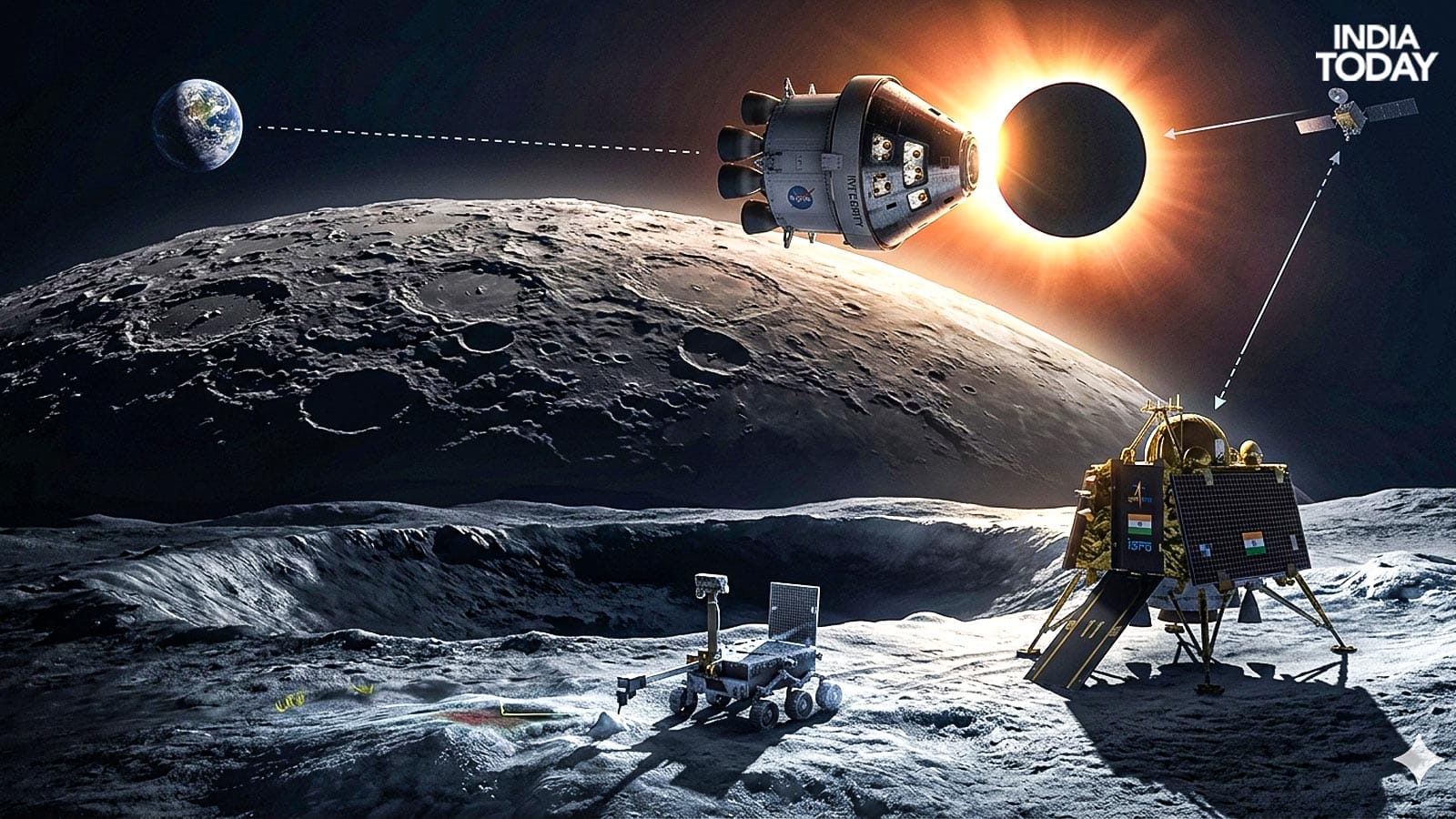 Gambar yang mengilustrasikan eksplorasi bulan oleh Artemis-II dan misi Chandrayaan-3. (Foto Berkas: AI)