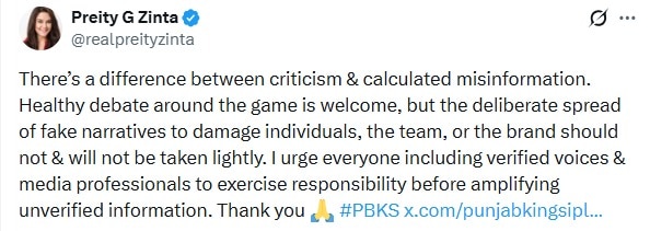 PBKS owner hit back at the unverified claims running amok on social media. (Image: X/ Preity Zinta)