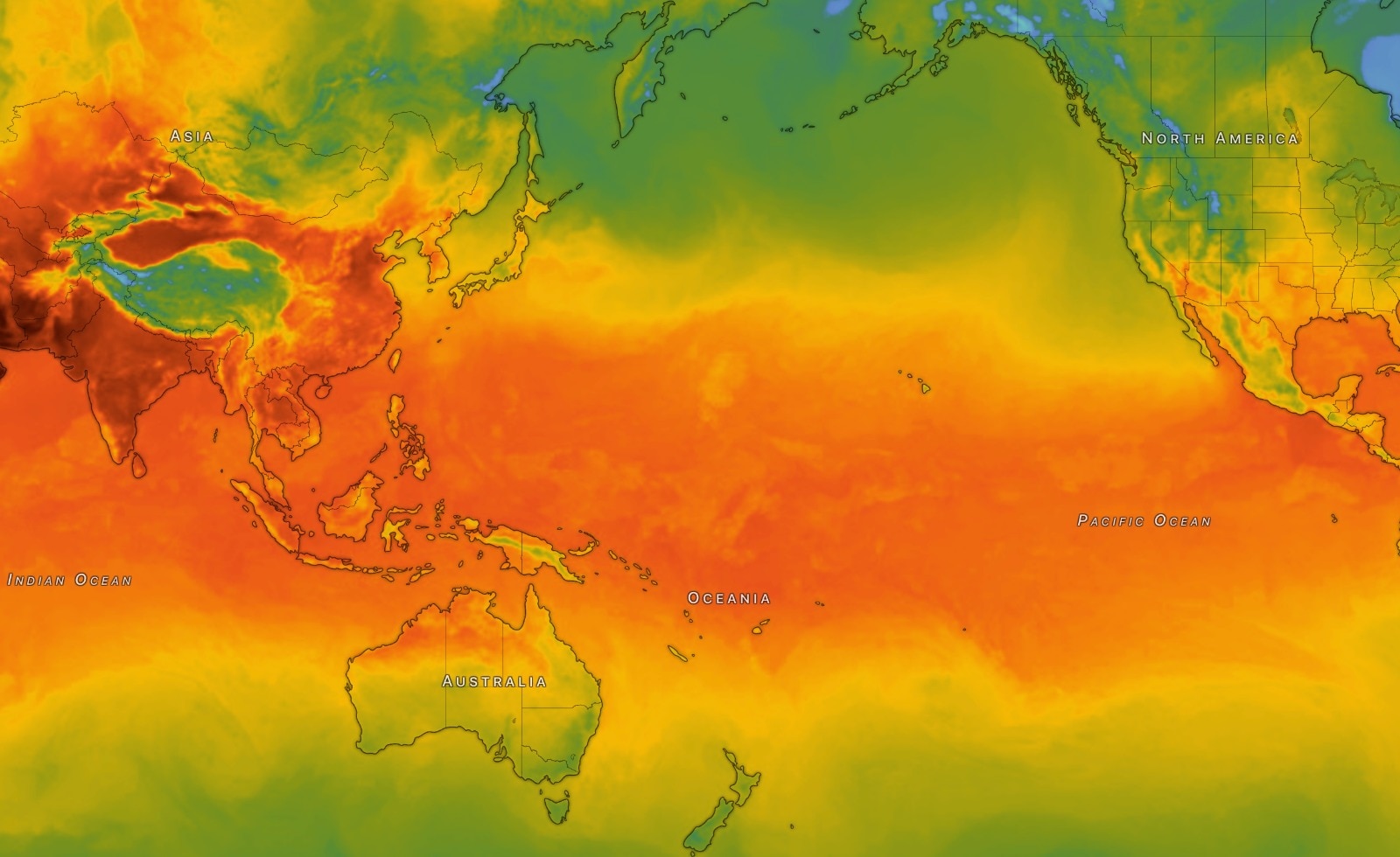 A patch of a warm Pacific Ocean is captured by a satellite image. (Photo: Windy)