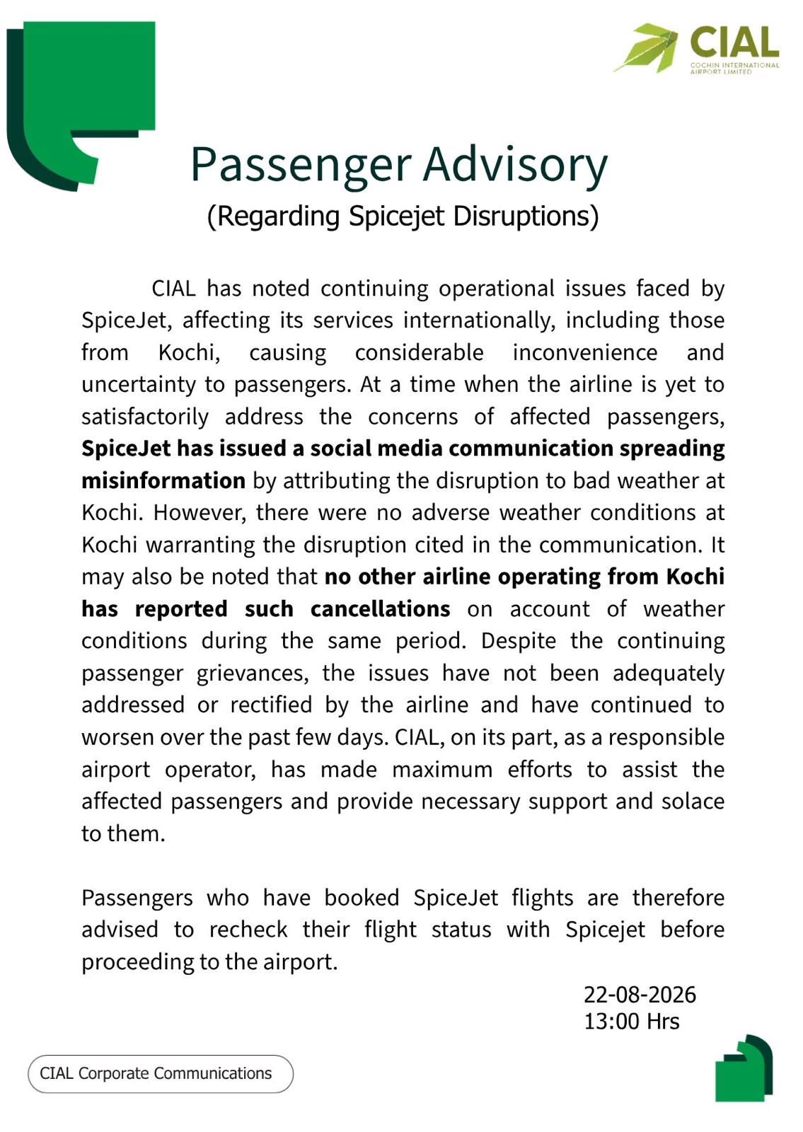 Airline statement