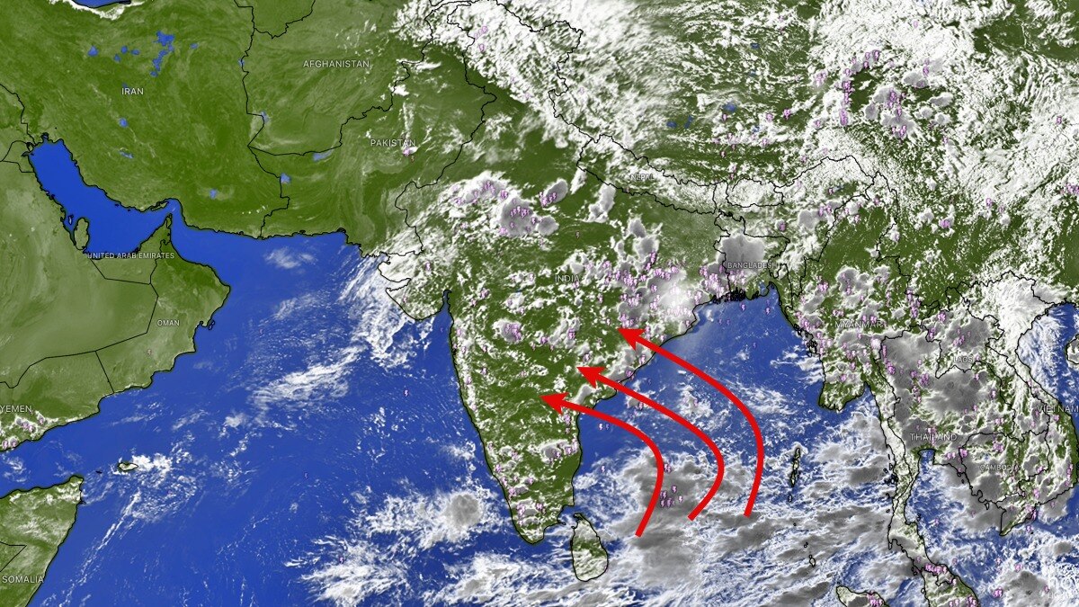 A satellite image shows a weather system moving towards India from Thailand. (Photo: Windy)