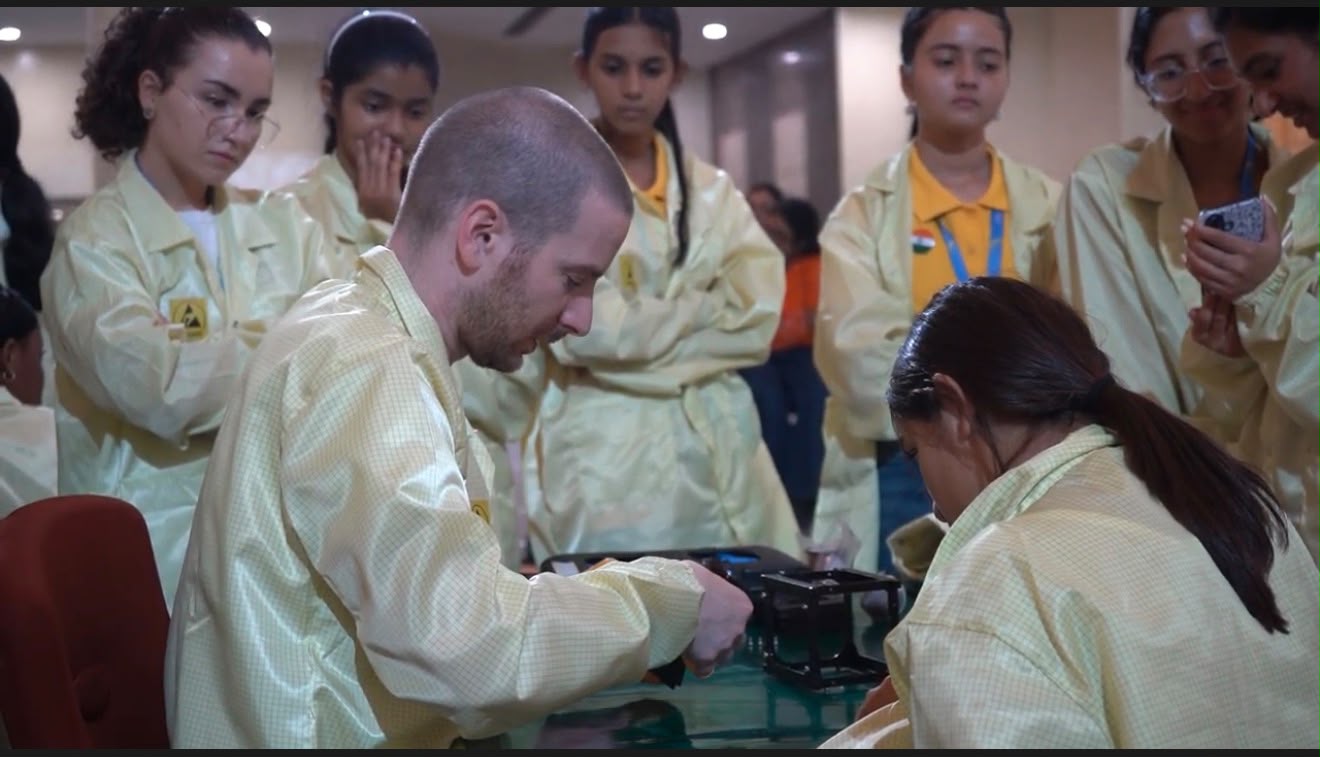 Girls are seen working on a satellite component as part of Mission ShakthiSAT. (Photo: Space Kids India)