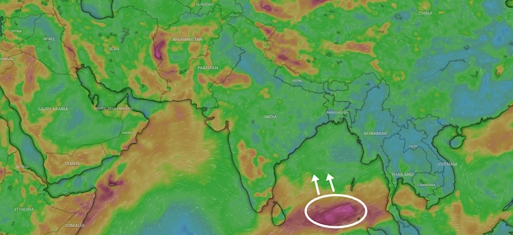 A satellite image illustrated to highlight the weather system heading towards India. (Photo: Windy)