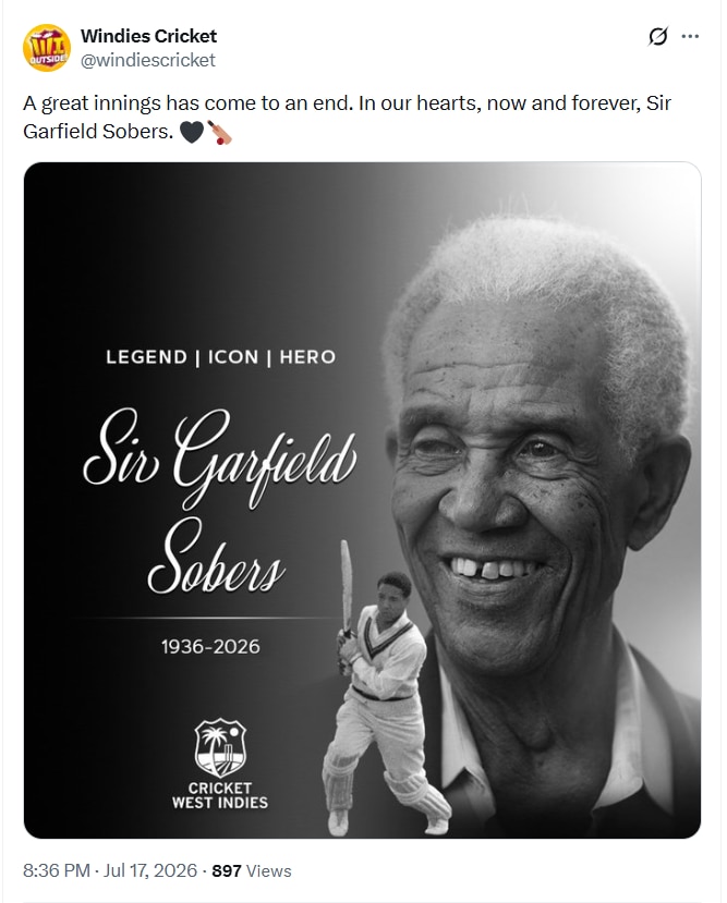 Cricket West Indies confirmed the death of Sir Garfield Sobers. (Image: Screengrab from X/@@windiescricket)