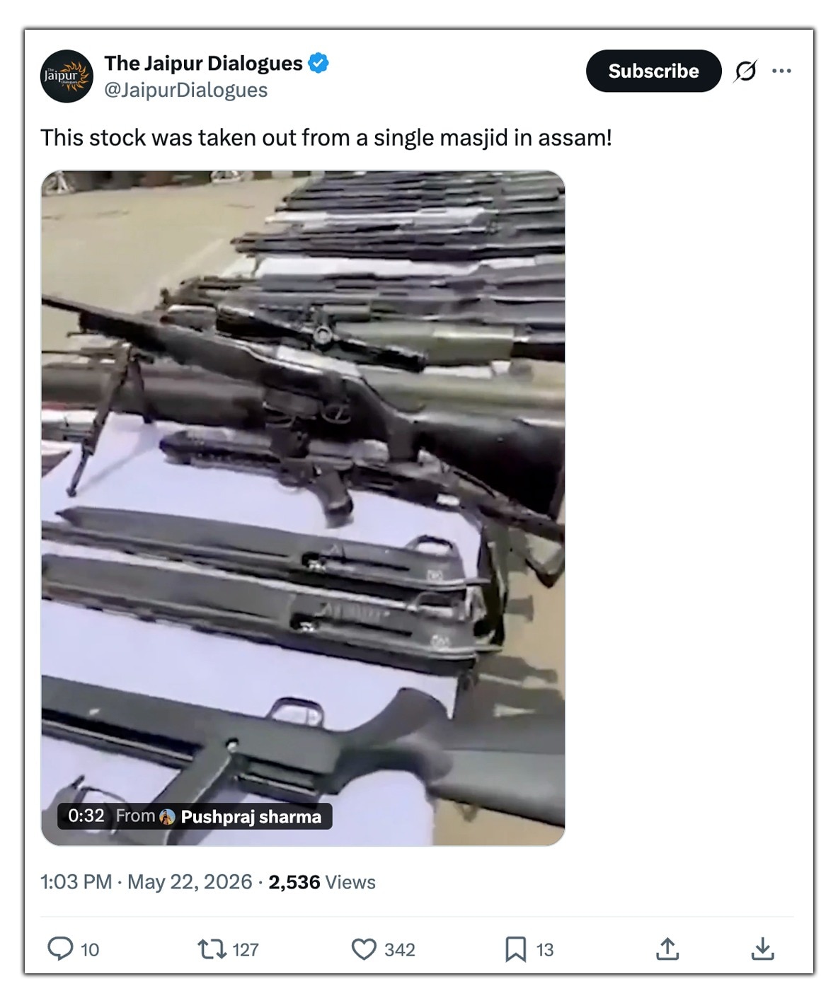This video is from Manipur and shows a large cache of sophisticated weapons recovered from an insurgent groupâs camp during a raid.