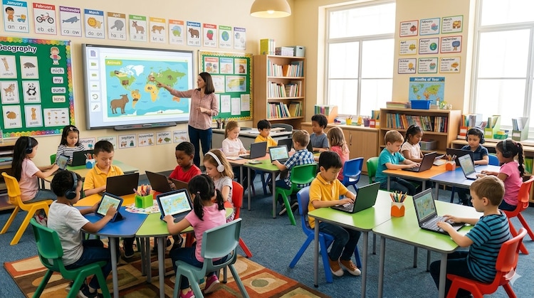 modern primary classroom where young students engage in digital learning (Photo: AI Generated)