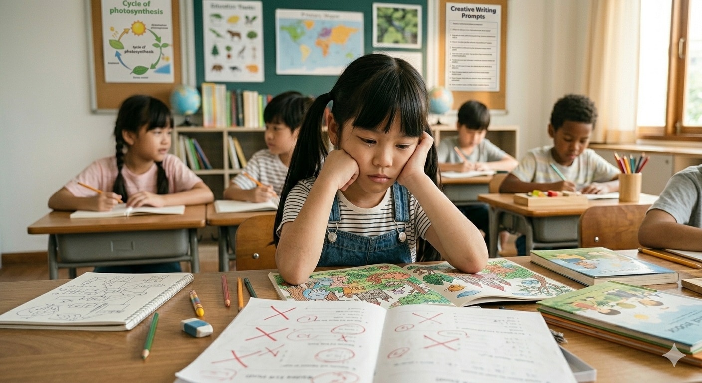 A young student sits quietly in disappointment, struggling with low scores and fading focus as classroom pressures weigh on her.(Photo: AI Generated)